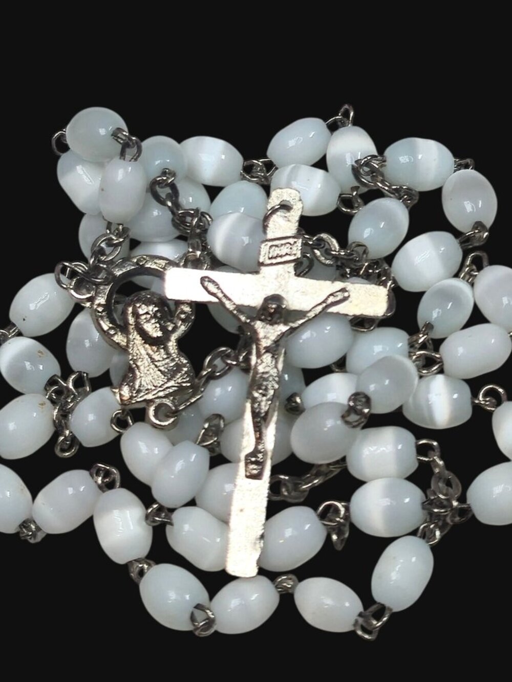 Vintage Italian White Cat Eye Glass Bead Rosary Catholic Prayer Crucifix Italy